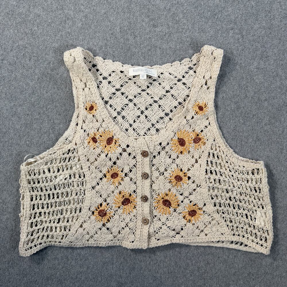 REBELLION again Women's Medium Crochet Vest Beige Sunflower Button Front Boho